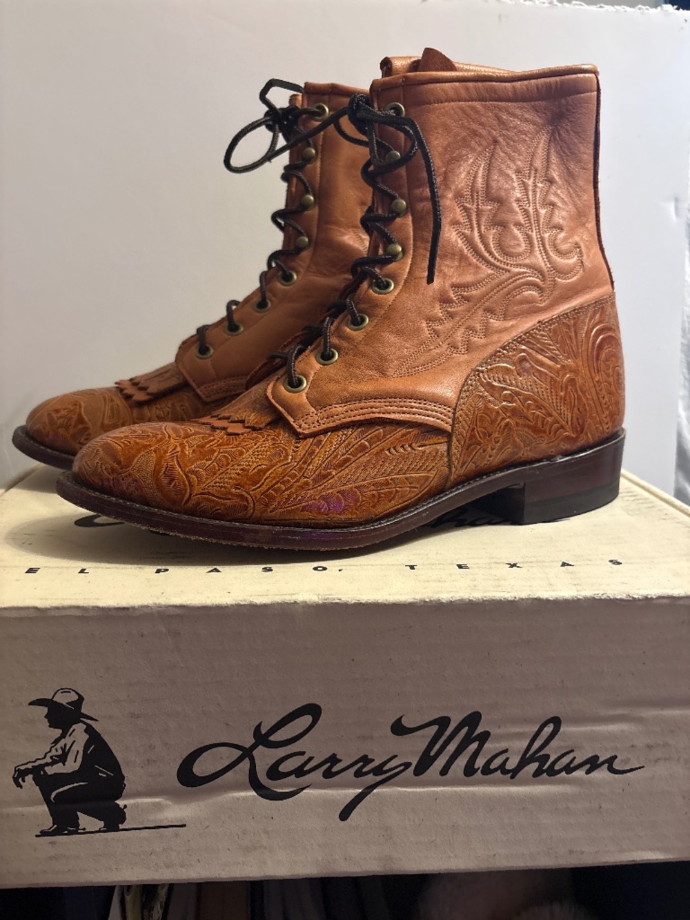 Vintage Larry Mahan Rust Tooled Lace Up Boots
